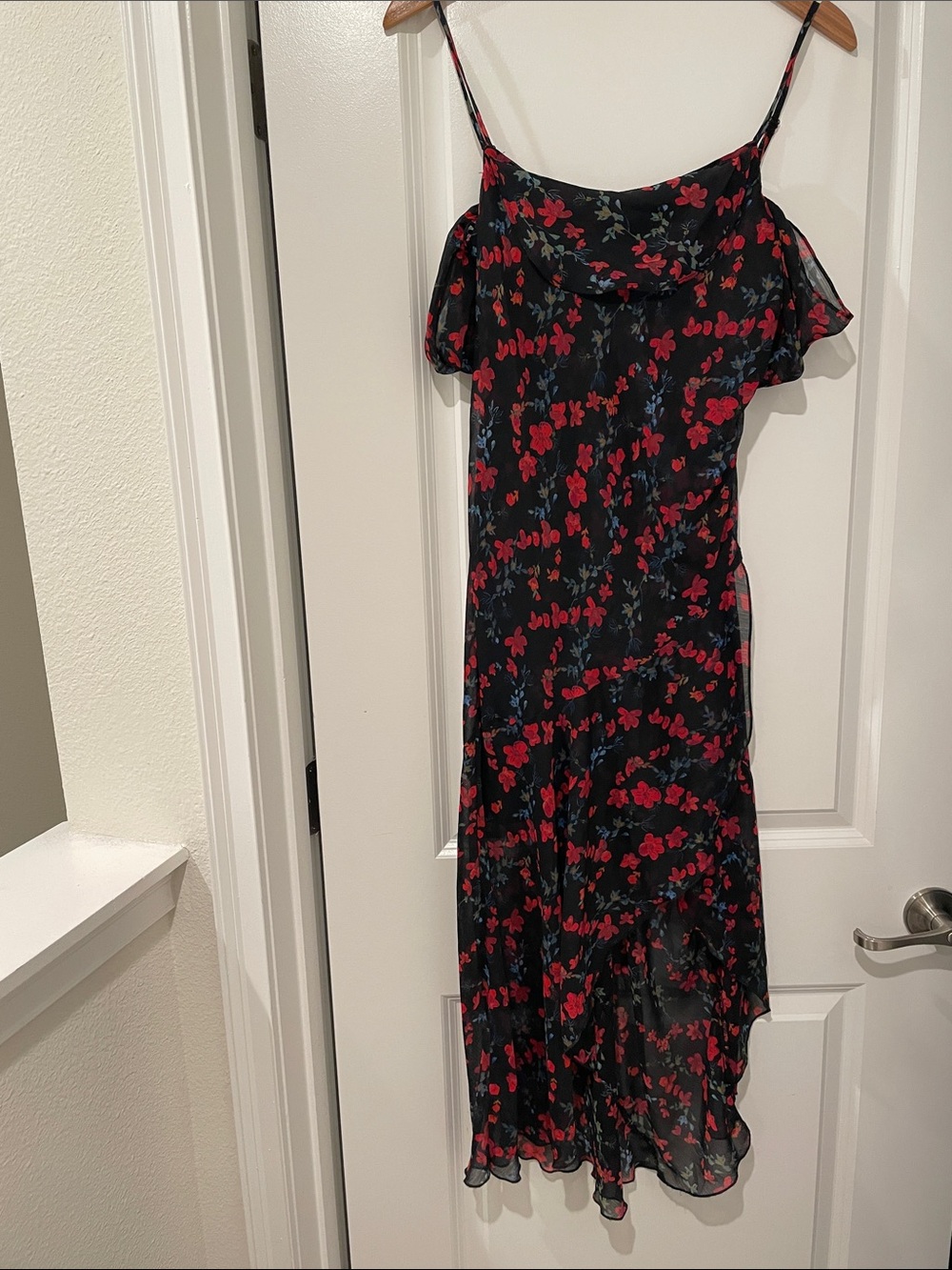 Wild fable assymetric black and red flowers midi slip dress small